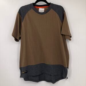 Bushwick Industries New York Green Gray Zip Side Crew Neck Color Block Tee Shirt